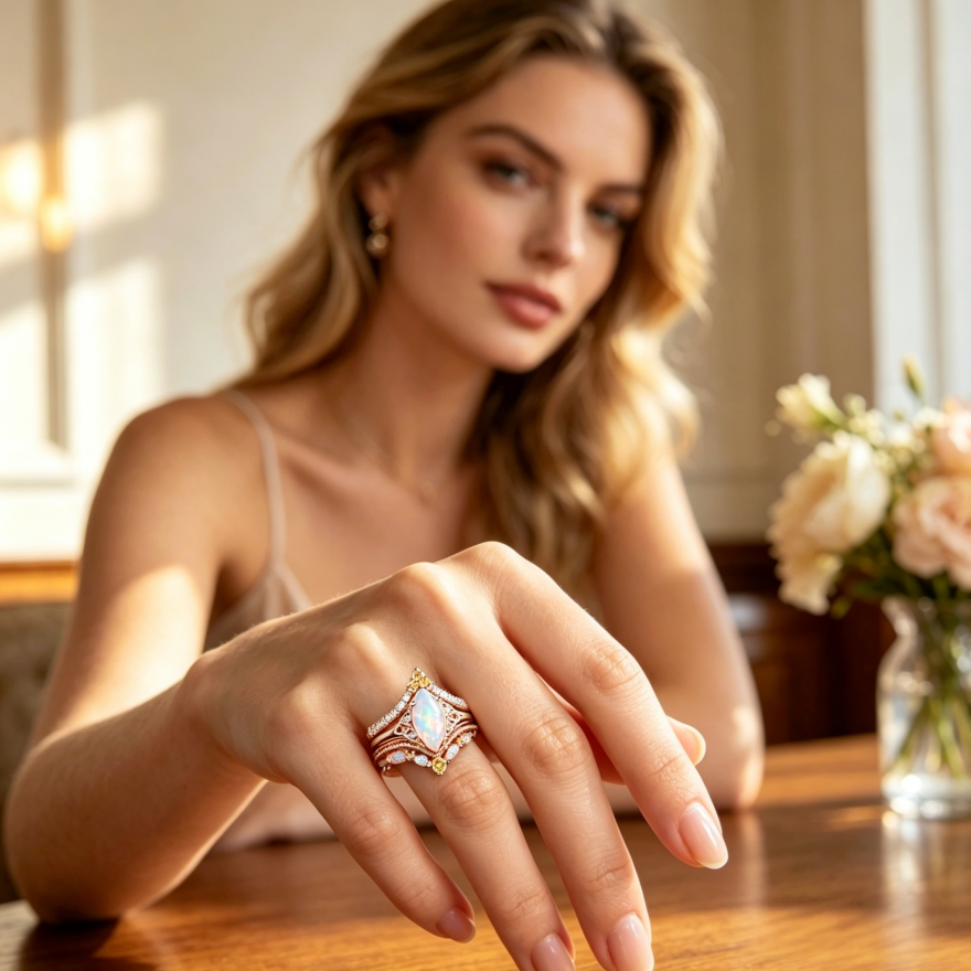 Marquise Opal Crown 3-Piece Stackable Ring Set, 3-Tone Vintage Luxury Paved Wedding Engagement Ring Set for Women