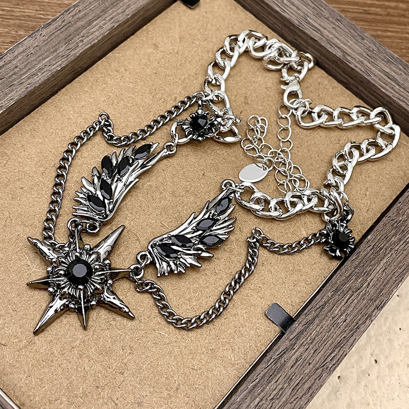 Vintage Wing Star Layered Spliced Necklace, Cool Wing Diamond Unisex Statement Choker