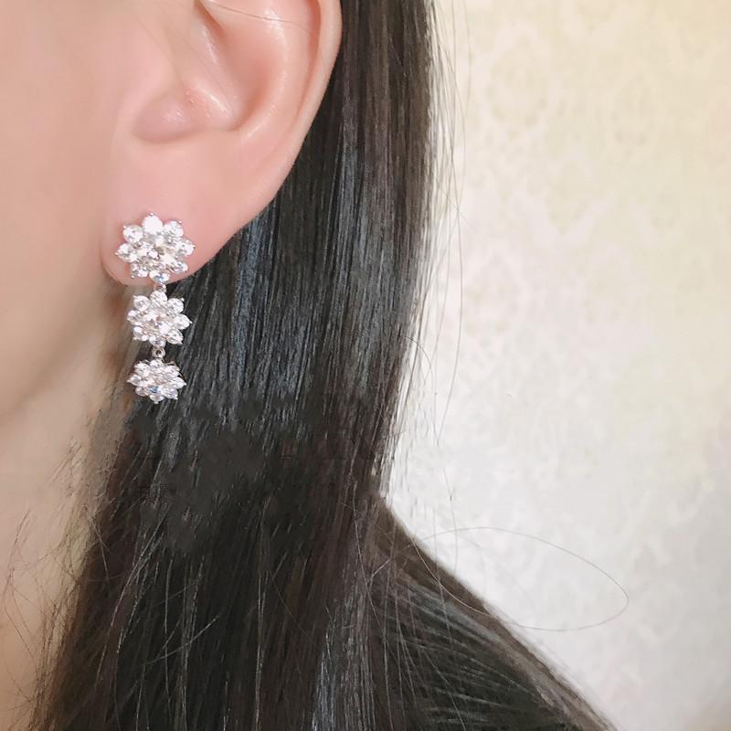 Three-Tier Snowflake Cluster Diamond Long S925 Silver Dangle Earrings, Gorgeous Full Stone Drop Earrings for Banquet