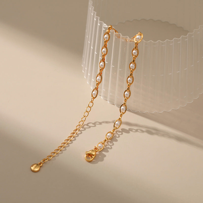 Bezel Set Natural Pearl Thin Chain Bracelet, Gold-Plated S925 Sterling Silver Minimalist Luxury Bracelet for Women