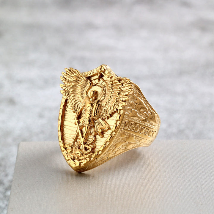 S925 Silver Archangel Shield Relief Men Ring, Vintage Heavy‑Craft Guardian Wide Band Ring