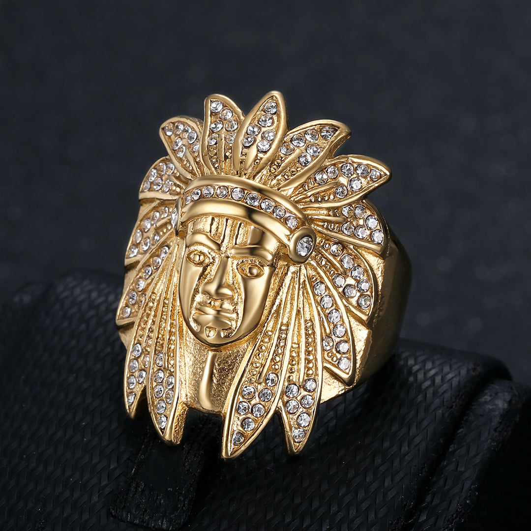 Native American Chief Pave Diamond Embossed Wide Ring, Solid S925 Silver Gold & Silver Two-Tone Vintage Tribal Men’s Band