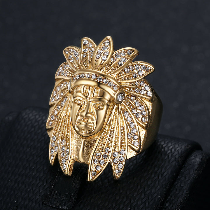 Native American Chief Pave Diamond Embossed Wide Ring, Solid S925 Silver Gold & Silver Two-Tone Vintage Tribal Men’s Band