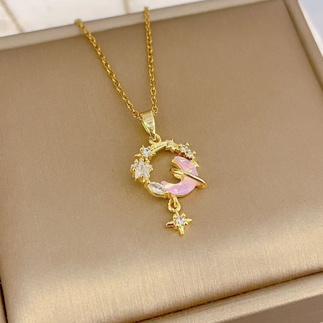 Dreamy Star & Moon Pink Diamond Wreath Necklace, Luxury Diamond Elegant Gold Clavicle Chain for Women