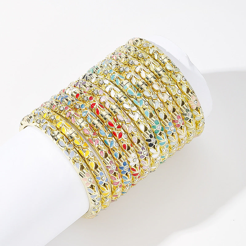 Hollow‑Out Enamel Floral Inlaid Diamond Spring‑Opening Bangle, Multi‑Color Options