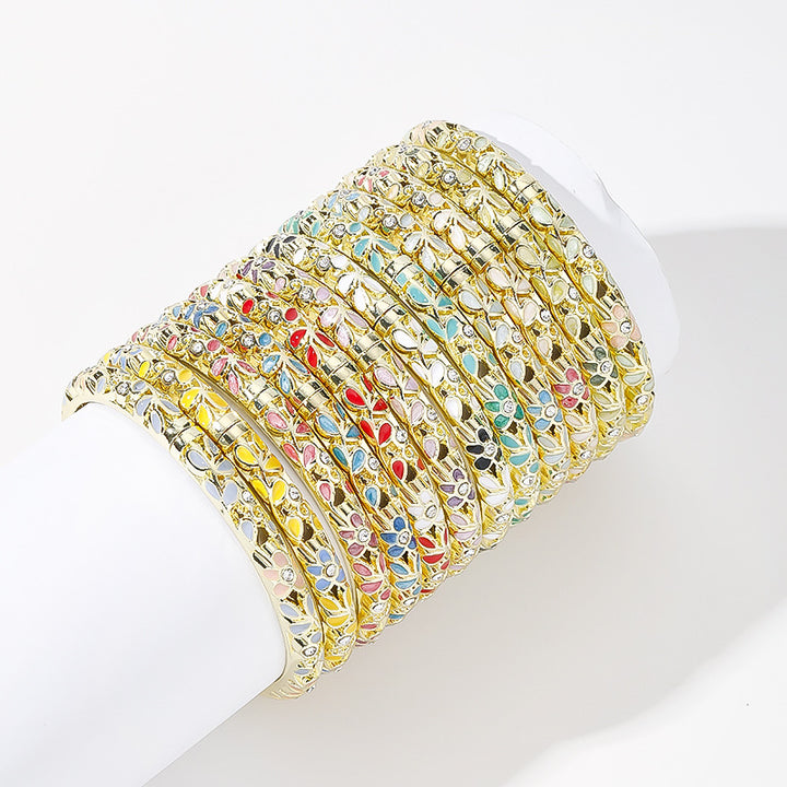 Hollow‑Out Enamel Floral Inlaid Diamond Spring‑Opening Bangle, Multi‑Color Options