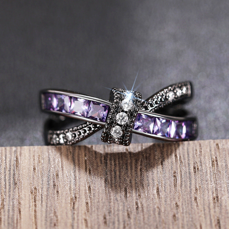 Twisted Cross Purple Crystal Black Gold Ring, Vintage Gunmetal Intertwined Ribbon Band Women Dark Luxury Jewelry