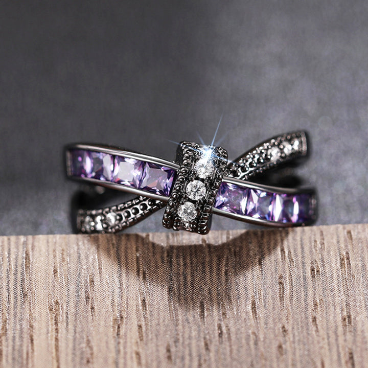 Twisted Cross Purple Crystal Black Gold Ring, Vintage Gunmetal Intertwined Ribbon Band Women Dark Luxury Jewelry