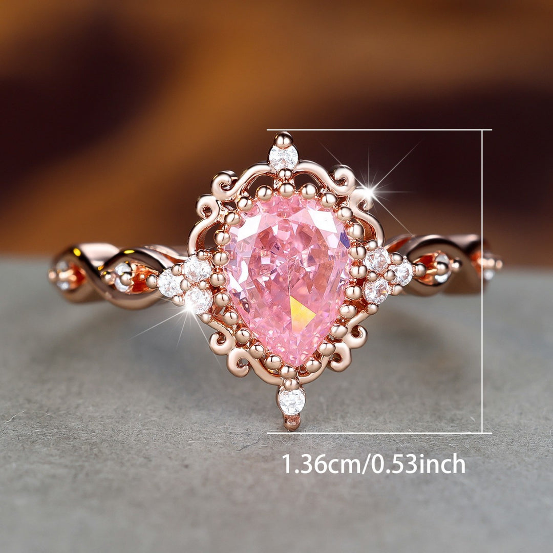 Vintage Pink Diamond Teardrop Carved Ring (Light Luxury Girlish Style Princess Ring)