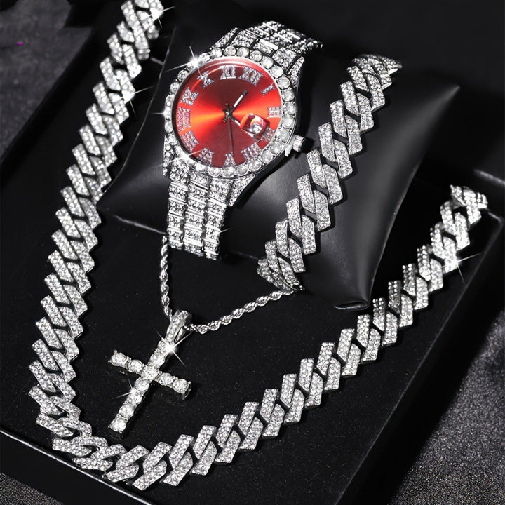 Men's Iced Out Jewelry 4-Piece Set, Hip Hop Diamond Watch with Calendar + Cuban Bracelet + Cross Pendant Necklace Gift Set