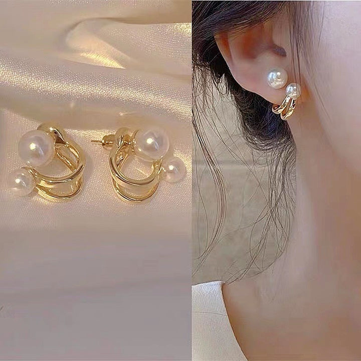 S925 Silver Double Bead Double Hoop Stud Earrings, Minimalist Luxury Geometric Earrings with Big & Small Round Beads, White & Red Bead Two Color Options