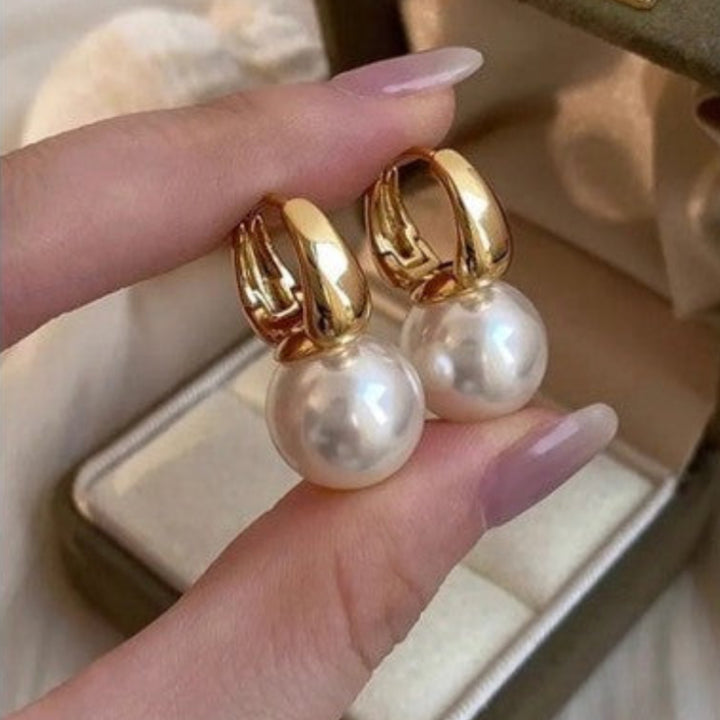 Gold Large Pearl C-shaped Huggie Earrings, Luxury Vintage Big Pearl Drop Earrings