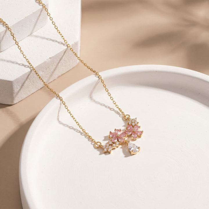 Pink Diamond Cherry Blossom Teardrop Clavicle Necklace, Dainty Floral Paved Stone Thin Chain