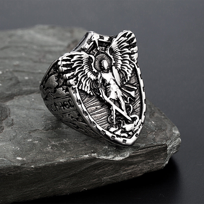 St. Michael Shield Embossed Guardian Signet Ring, S925 Silver Gold Tone / Antiqued Silver Religious Wide Band