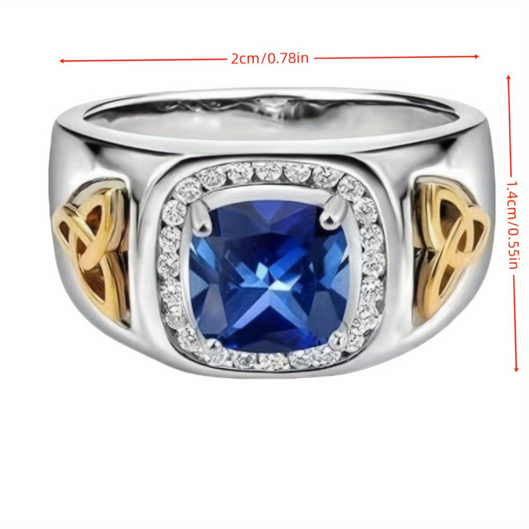 S925 Silver Two‑Tone Celtic Knot Square Gemstone Ring, Vintage Contrast Paved Wide Men Band