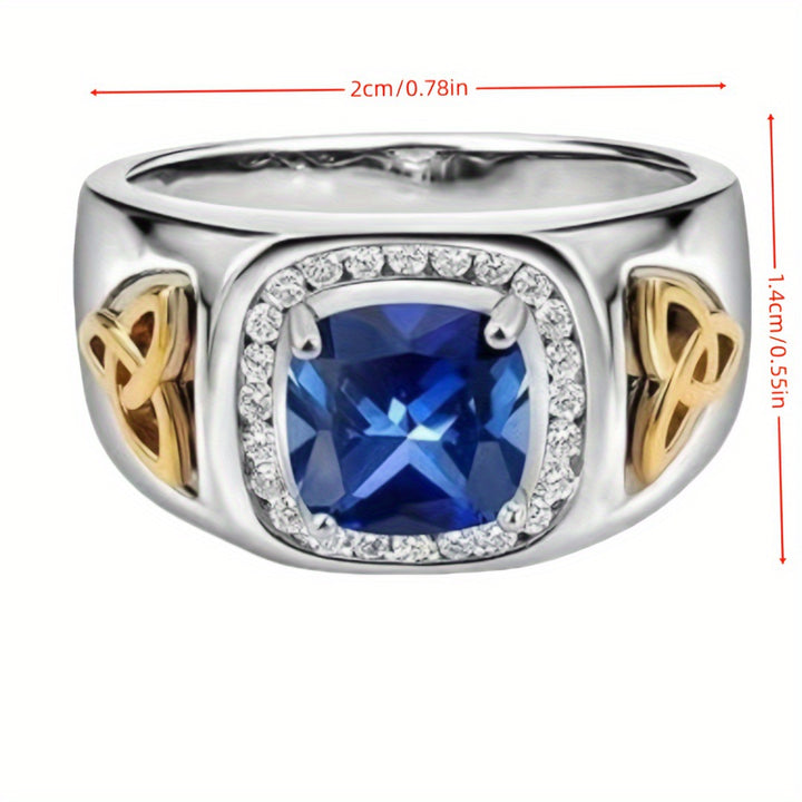 S925 Silver Two‑Tone Celtic Knot Square Gemstone Ring, Vintage Contrast Paved Wide Men Band
