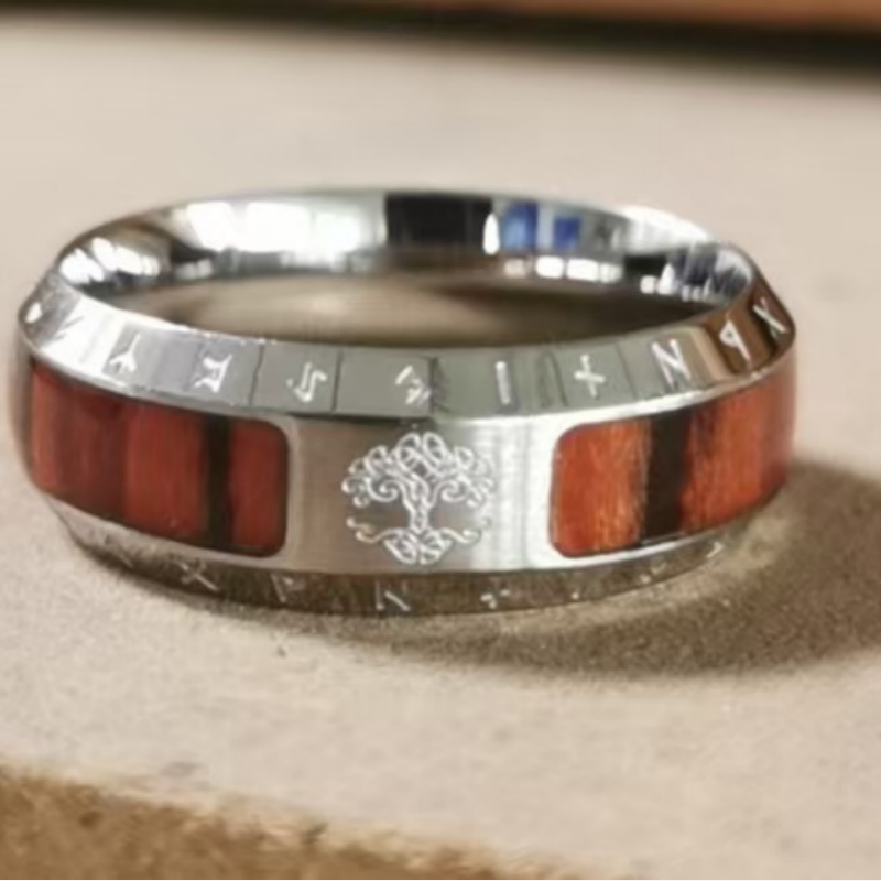 Norse Viking Tree of Life Rune Wood Inlay Ring, S925 Silver Antiqued Multi-Color Unisex Couple Band