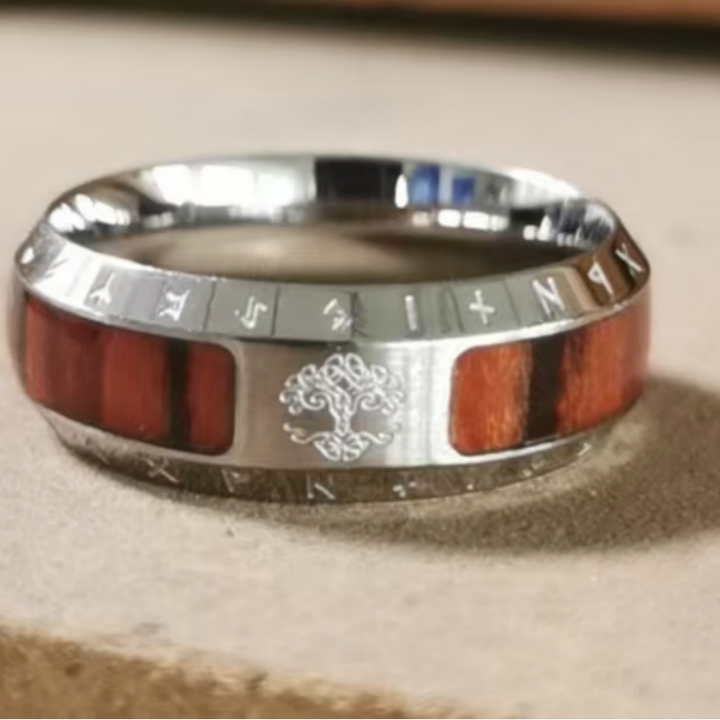 Norse Viking Tree of Life Rune Wood Inlay Ring, S925 Silver Antiqued Multi-Color Unisex Couple Band