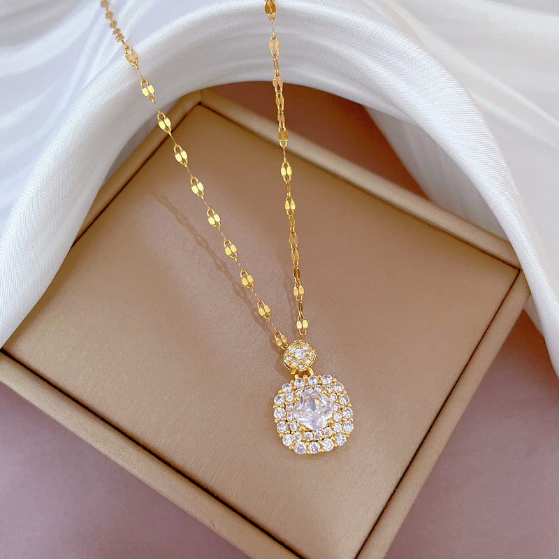 Square‑Cut Double‑Layer Halo Pendant Choker Necklace, Two‑Color Options