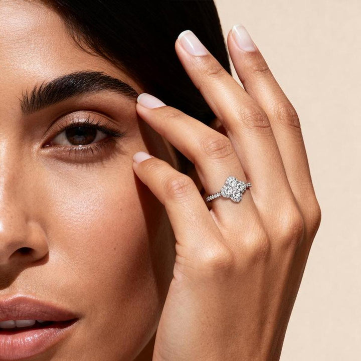 Four-Leaf Clover Pavé diamond Ring (Silver Tone Delicate Engagement Band)