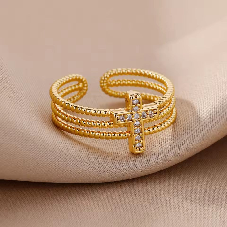 Three-Row Ball Beaded Cross Diamond Open Ring, 2 Colors Adjustable Band
