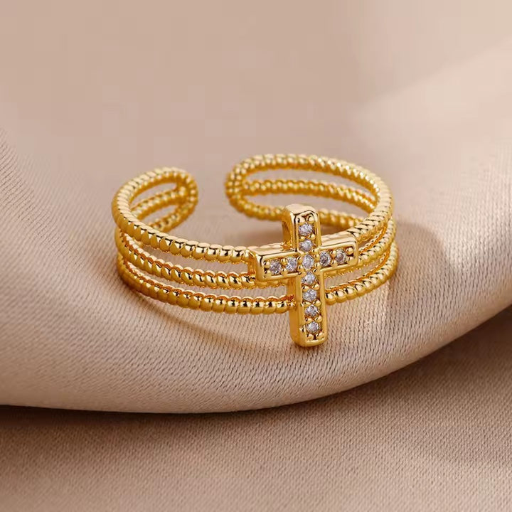 Three-Row Ball Beaded Cross Diamond Open Ring, 2 Colors Adjustable Band
