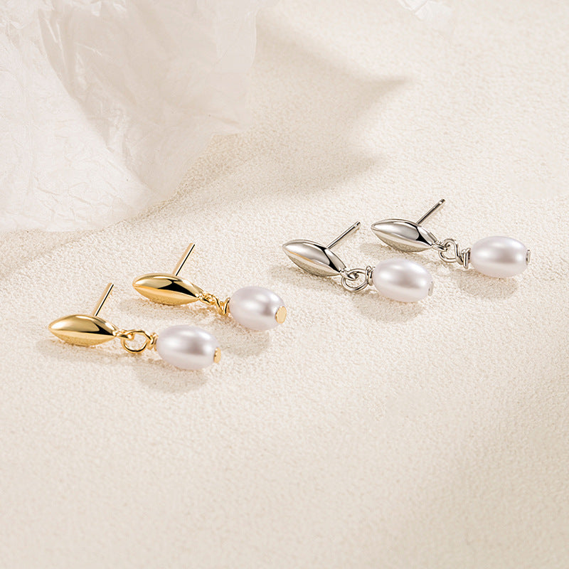 Double Teardrop Pearl Long Drop Earrings, Gold & Silver Minimalist Commuter Dainty Earrings