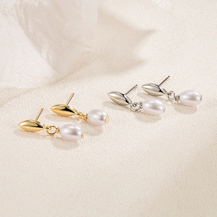 Double Teardrop Pearl Long Drop Earrings, Gold & Silver Minimalist Commuter Dainty Earrings