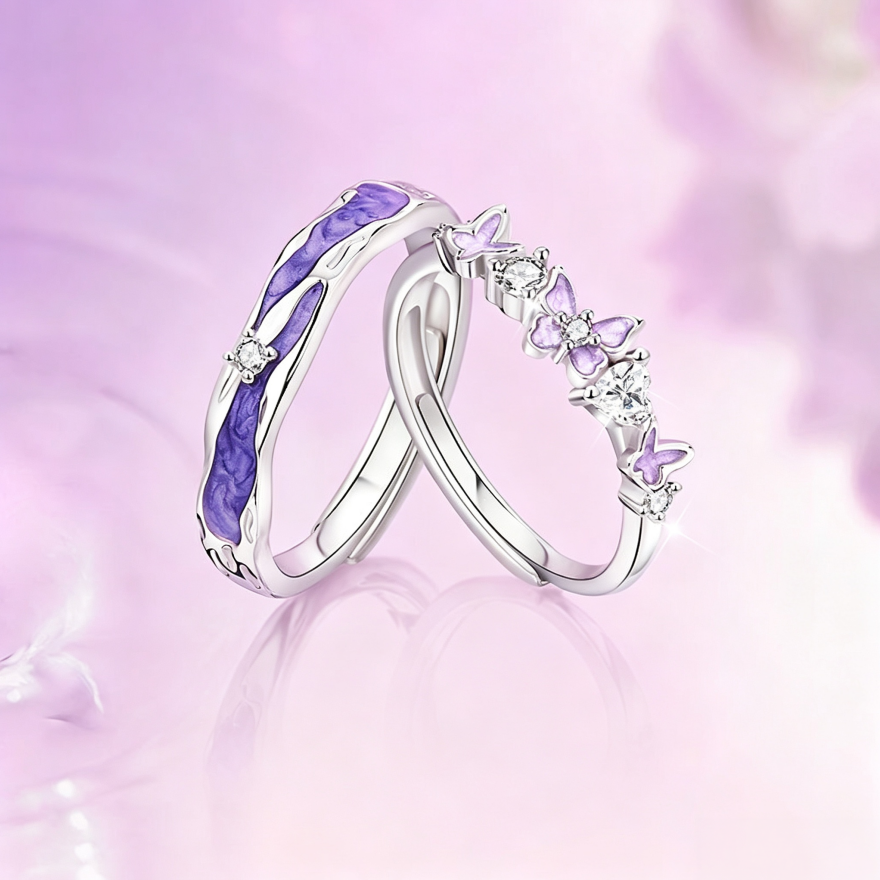 Purple‑Tone Butterfly Couple Open Ring Set