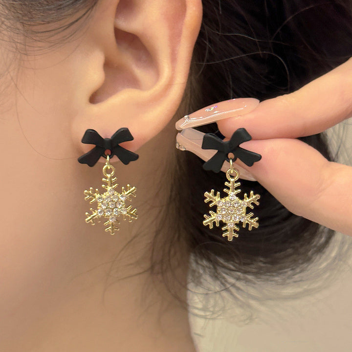 S925 Silver Bow Snowflake Diamond Drop Earrings