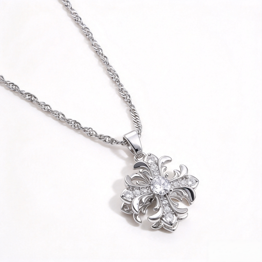 Vintage Carved Cross S925 Silver Necklace, Palace Style 3D Diamond Inlaid Pendant, Gold & Silver Two-Tone Twist Chain Necklace