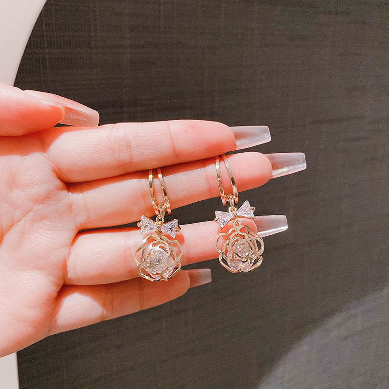 Bow‑Knot Hollow Rose Drop S925 Silver Earrings