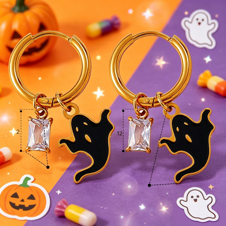 Halloween Ghost Charm Hoop Earrings, Gold Plated S925 Silver Cute Fun Earrings with Rectangular Diamond