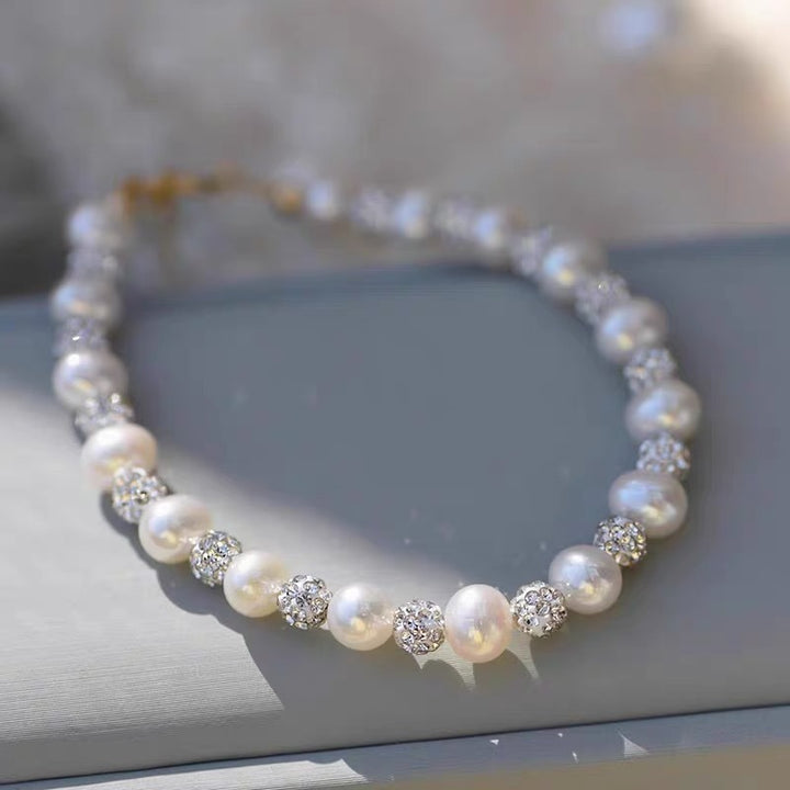 Pearl & Diamond Alternating Dainty Bracelet, Adjustable Light Luxury Wrist Jewelry