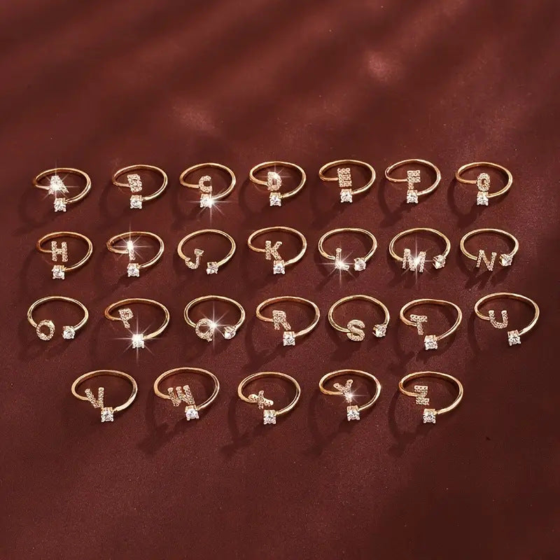 Full Zircon Letter Open Ring CNC-Set Titanium Steel Vacuum Plated