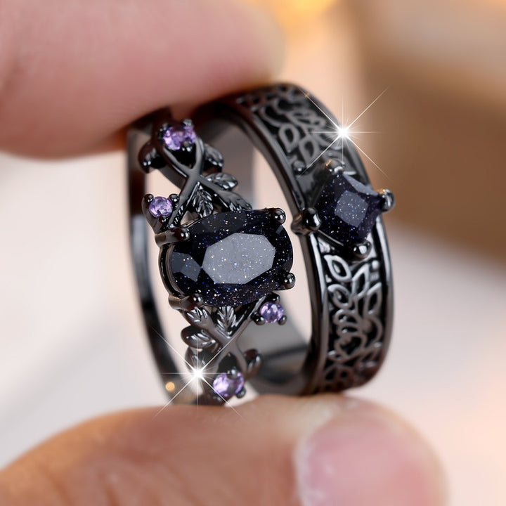 Gothic Black Galaxy Couple Rings – Celestial Love Matching Rings