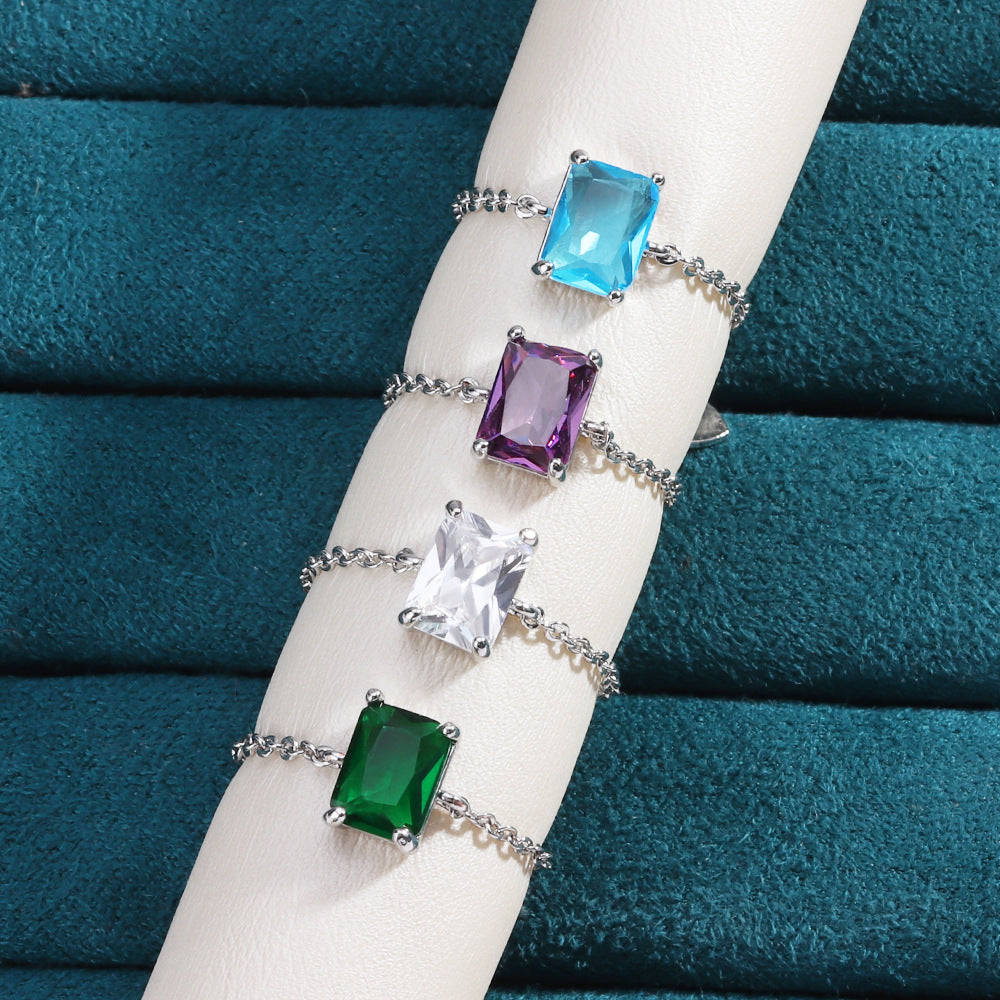 18K Gold Adjustable Chain Ring with Emerald-Cut Green Zircon