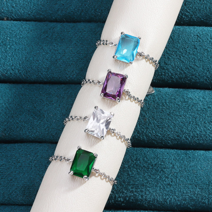 18K Gold Adjustable Chain Ring with Emerald-Cut Green Zircon