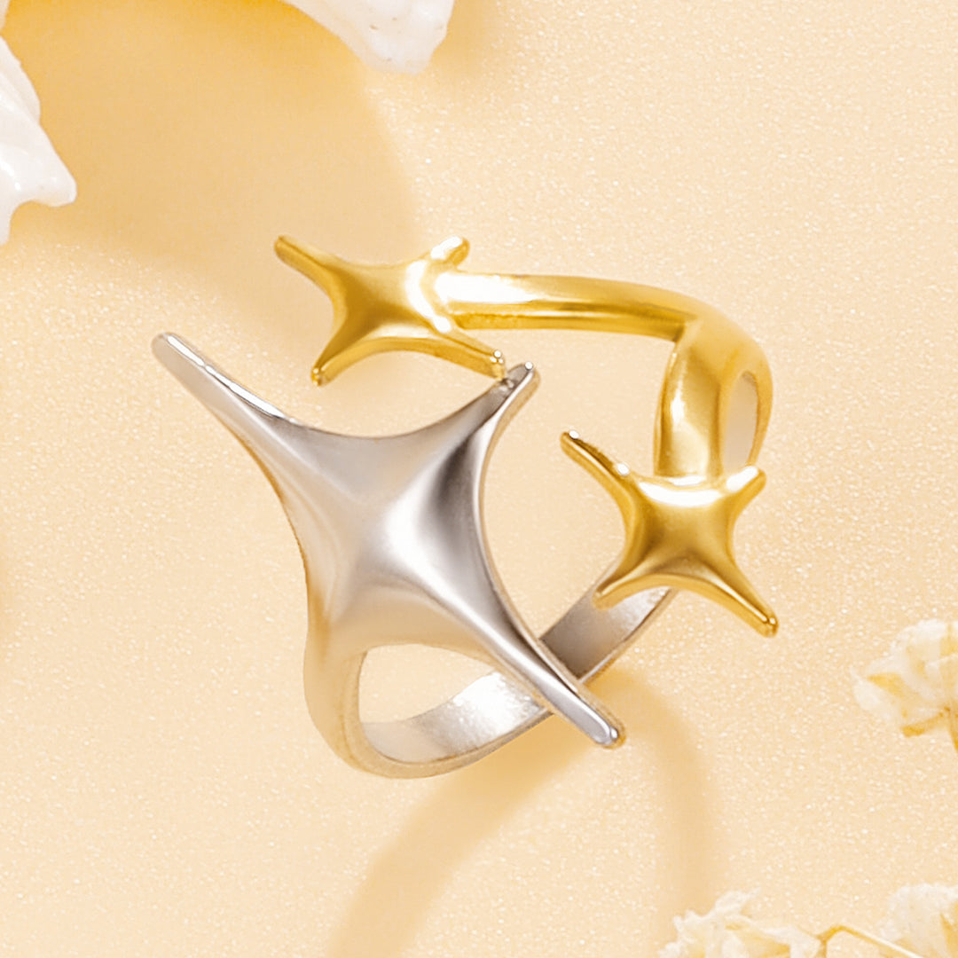 Irregular Triple Star Open S925 Silver Ring for Women, 18K Gold Plated