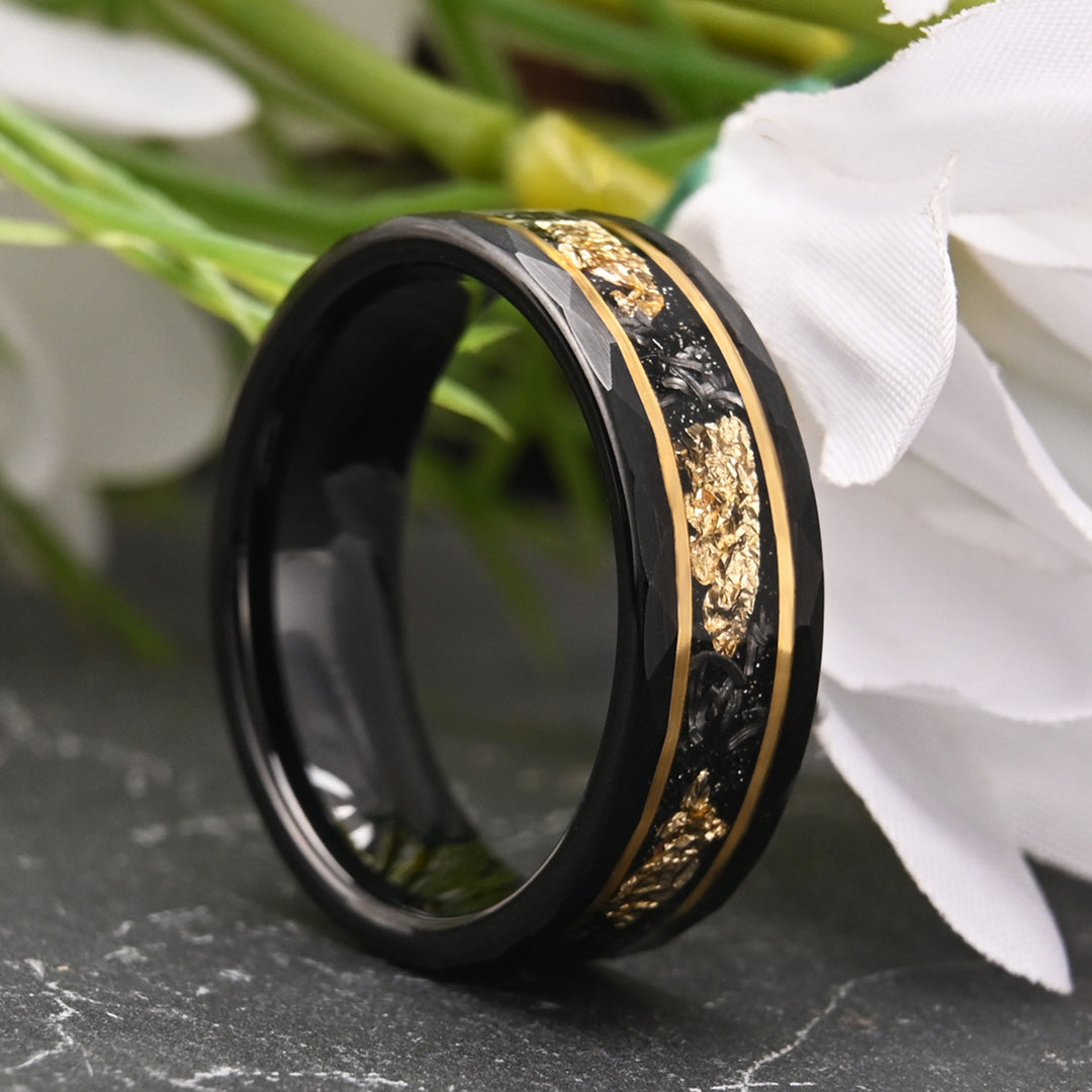 Tungsten Carbide Couple Rings – Hammered Black Rings with Meteorite Inlay