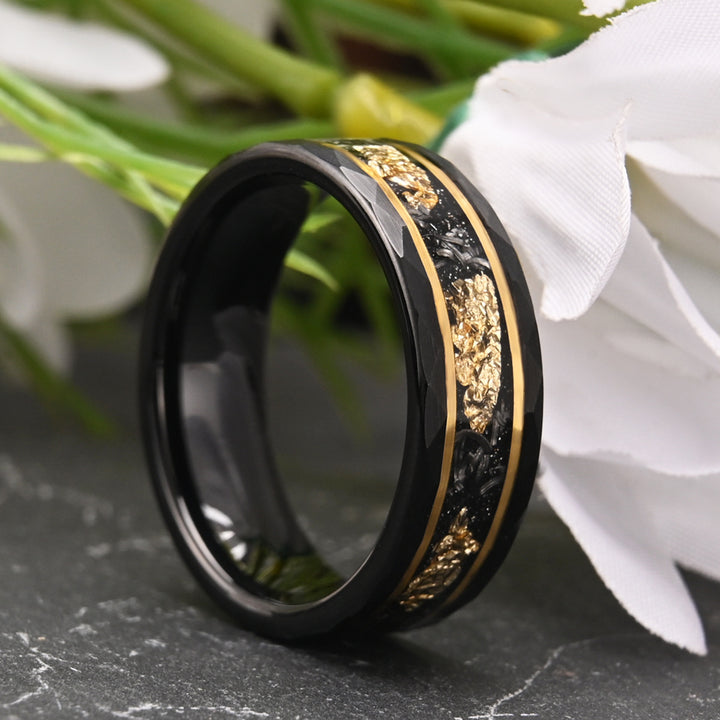 Tungsten Carbide Couple Rings – Hammered Black Rings with Meteorite Inlay