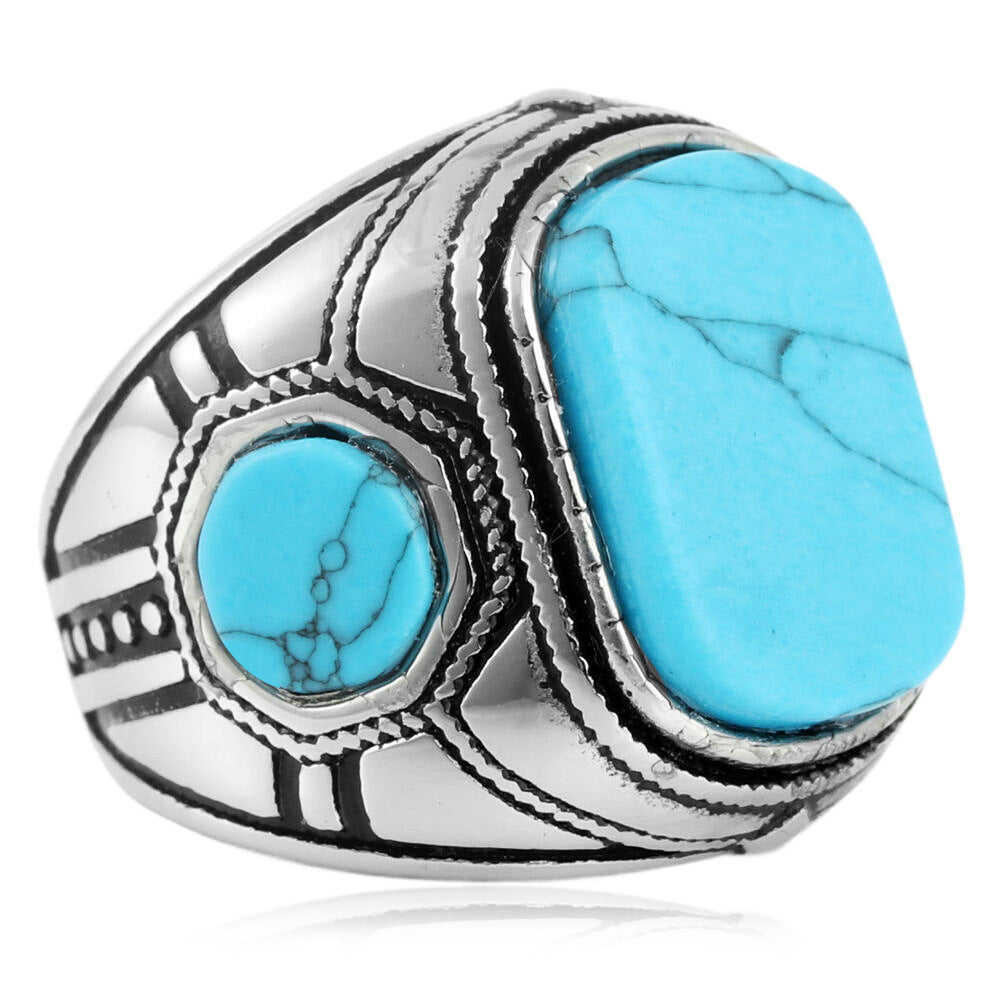 Turquoise Pattern Men's 925 Sterling Silver Ring - Hip Hop Retro Royal Style