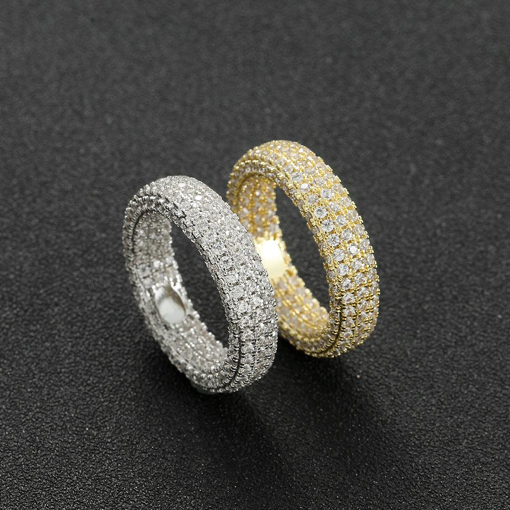 Full Zircon Hip-Hop Sterling Silver Ring · 18K Gold Plated 6mm Band