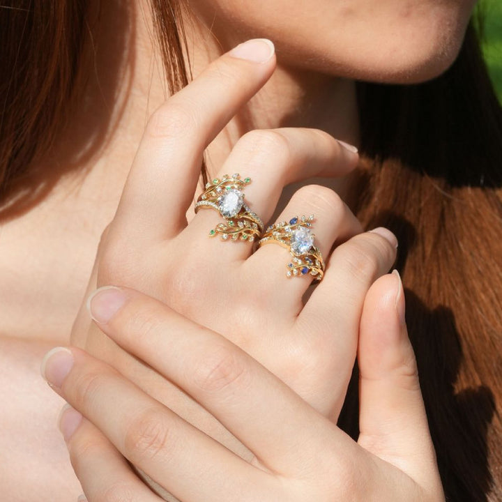 18K Gold-Plated Leaf Design Ring Set with Colorful Zircon