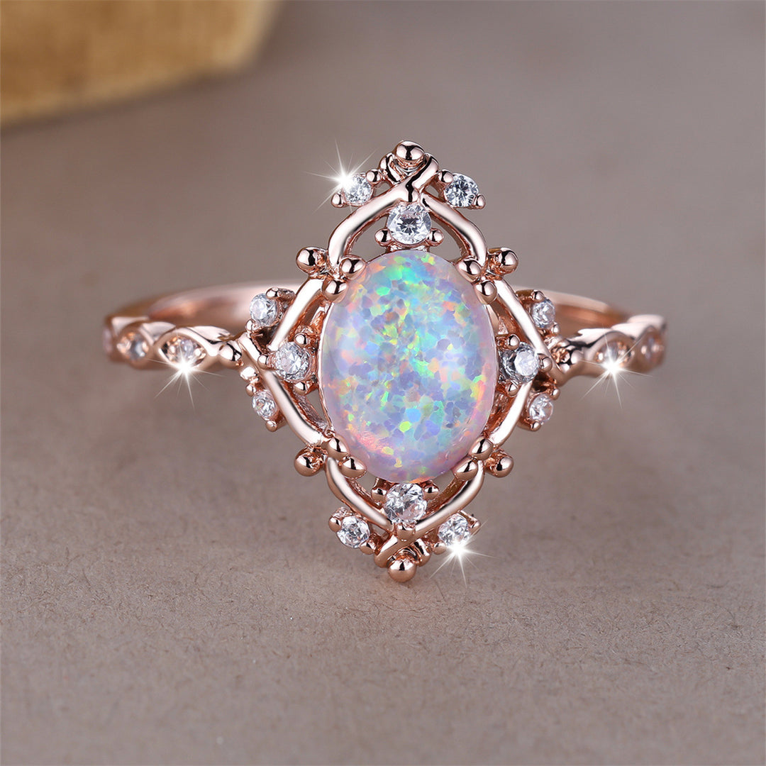 Vintage Court Style Opal Ring - Rose Gold Diamond-Inlaid Opal Band
