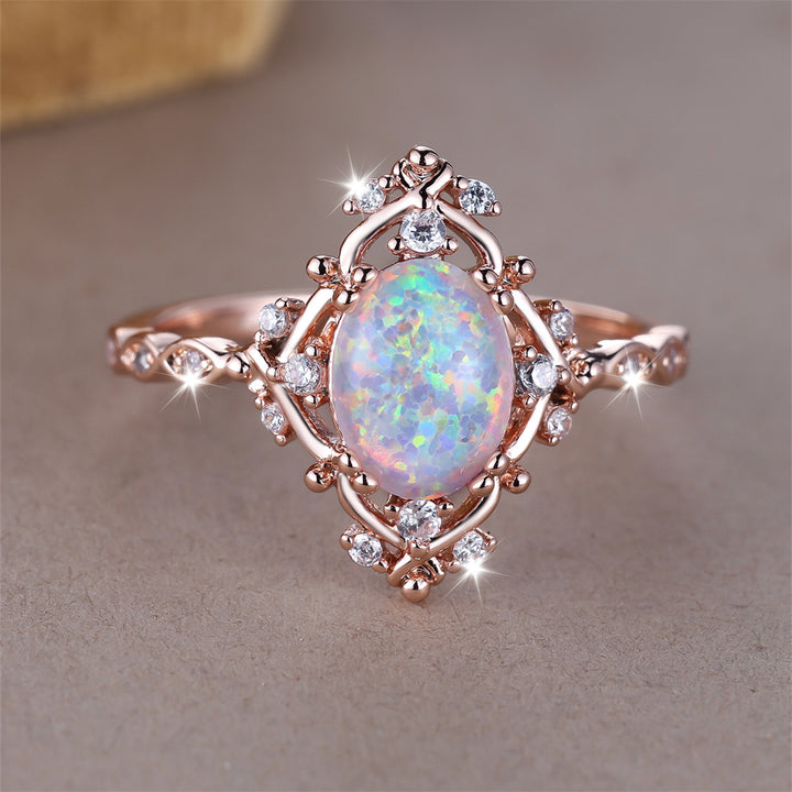 Vintage Court Style Opal Ring - Rose Gold Diamond-Inlaid Opal Band