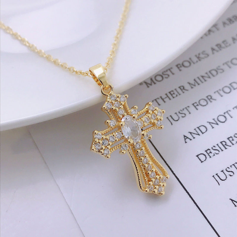 Titanium Steel 14K Gold Plated Colored Diamond Cross Necklace - European and American Luxury Full Diamond Cross Pendant Choker
