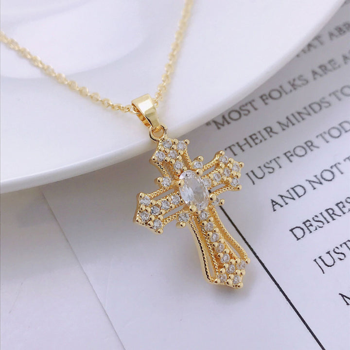 Titanium Steel 14K Gold Plated Colored Diamond Cross Necklace - European and American Luxury Full Diamond Cross Pendant Choker