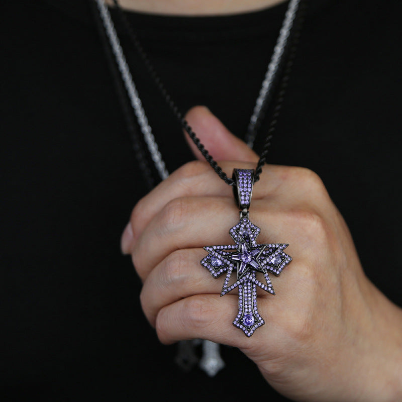 Hip-Hop Rotatable Pentagram Cross Zircon Pendant Necklace