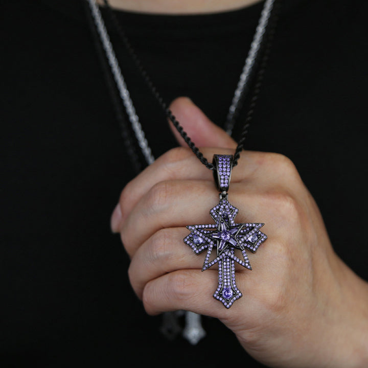 Hip-Hop Rotatable Pentagram Cross Zircon Pendant Necklace
